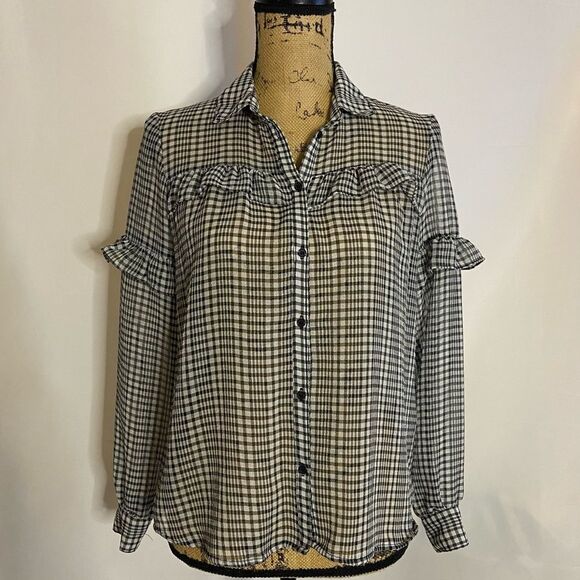 DIVIDED by H&M Black and White Plaid Sheer Long Sleeves Button-Up Blouse - Picture 1 of 8